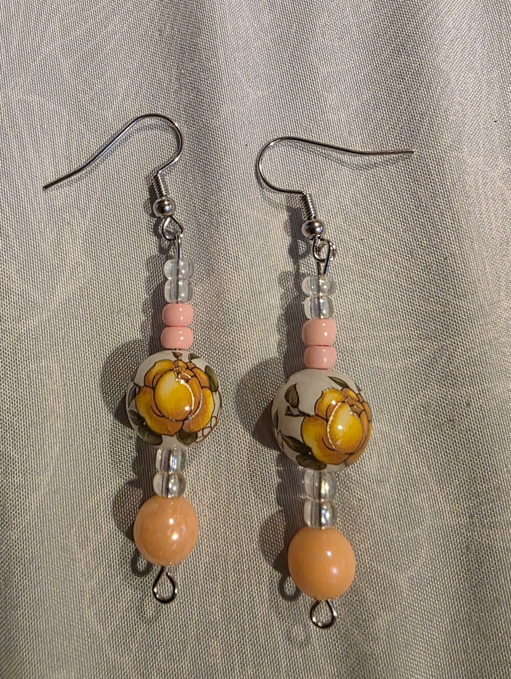 Handmade Pink and Yellow Floral Bead Drop Earrings